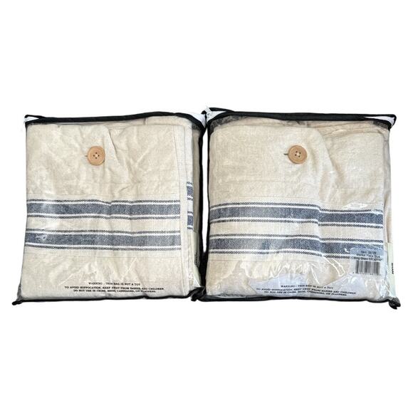 New in Packages Cotton Quilted Natural King Shams Blue Stripes Buttons - Picture 3 of 8